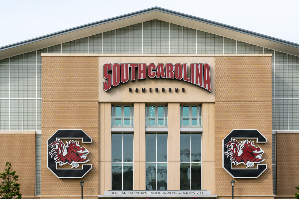 Inside the Jerri and Steve Spurrier Indoor Practice Facility at the University of South Carolina